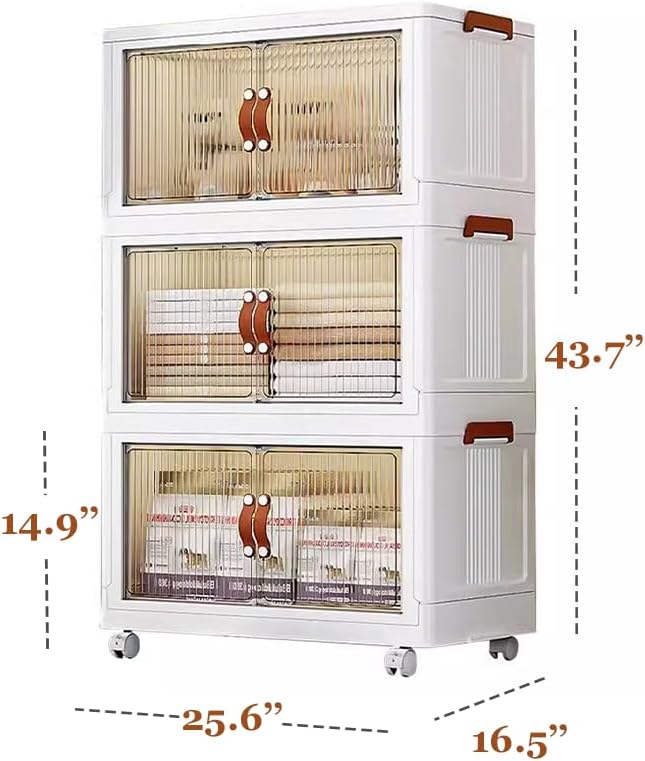 3-Tier Storage Bins with Wheels, Clear Plastic Stackable Organizer Boxes, Plastic Stackable Storage Bins, 280 QT Capacity, Foldable Storage Containers with Lids, Save Space, White (3 Tier, 25.8″)