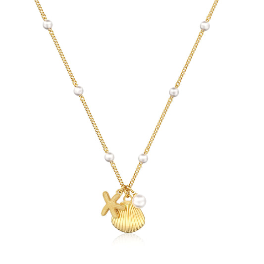 Picuzzy 14K Gold Plated Starfish Seashell Pendant Necklace for Women Trendy, Sea Star Fish Shell Beach Necklace Ocean Coastal Tropical Nautical Vacation Summer Jewelry Pearl Accessories for Women