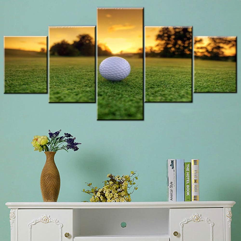 Landscape Pictures Wall Decor Green Golfing Course Wall Art White Golf Ball Artwork for Living Room 5 Piece Canvas Prints Paintings Contemporary House Decorations Framed Ready to Hang(50''Wx24''H)