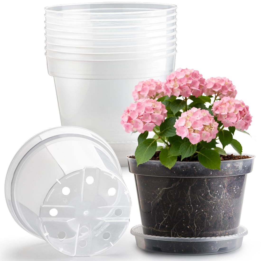 10 Pack 10 Inch Clear Nursery Pots with Saucers, Transparent Sturdy Plastic Plant Pots, Large Gardening Pots with Drainage Hole, Planting Starter Pot for Indoor Outdoor Flowers Herbs Vegetables