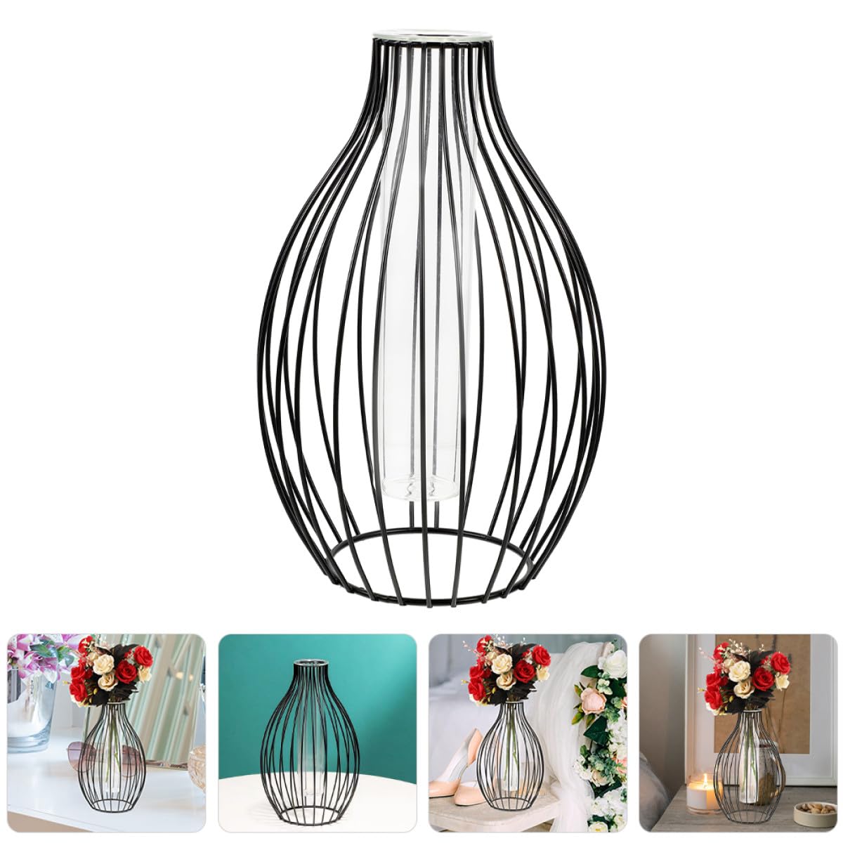 PACKOVE Iron Frame Vase and Glass Propagation Station with Geometric Metal Stand, Hydroponic Plant Holder for Nordic Home Décor, Tabletop Flower Terrarium for Indoor Gardening
