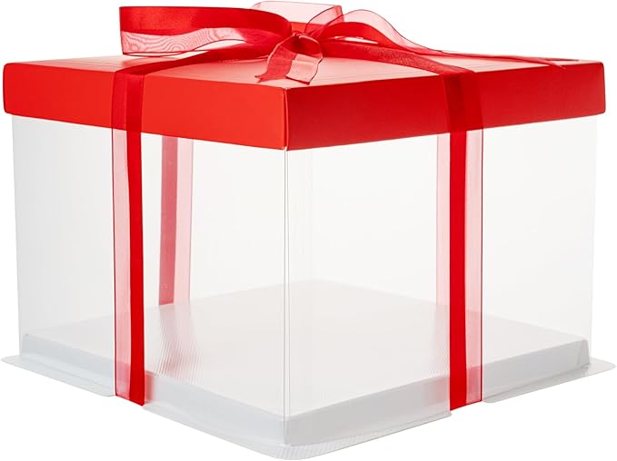 Restaurantware Sweet Vision 8.5 Inch x 6.75 Inch Transparent Cake Boxes 10 Grease Resistant Base Clear Cake Boxes - Red Lid Red Ribbon Plastic Birthday Cake Boxes For Weddings Or Birthdays