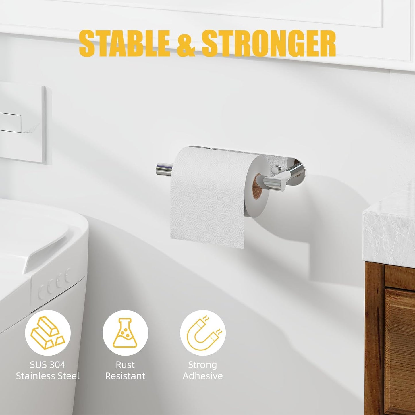 BESy Adhesive or Screw Toilet Paper Holder Wall Mount Rustproof Modern Roll Holder Flexible Pivoting Adjustable Tissue Handle with Self Adhesive or Mounted with Screws Stainless Steel Polished Chrome