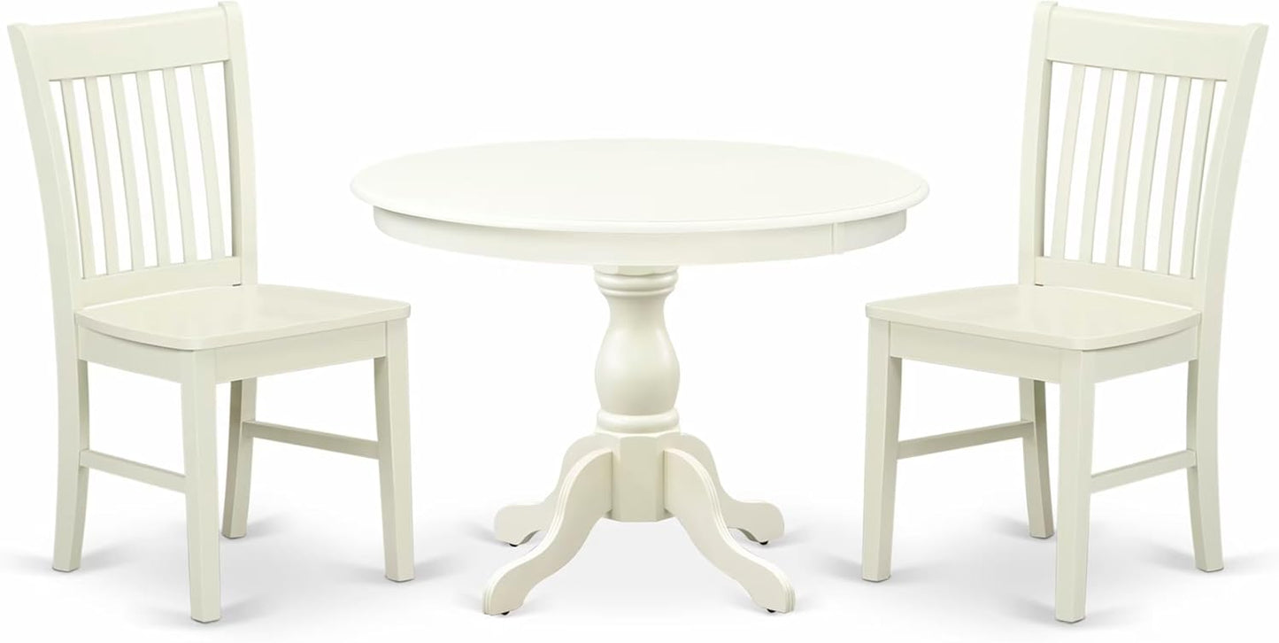 East West Furniture HBNF3-LWH-W 3 Piece Dining Room Furniture Set Contains a Round Kitchen Table with Pedestal and 2 Dining Chairs, 42x42 Inch, Linen White