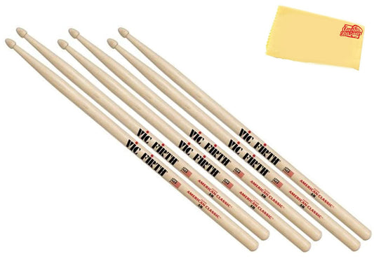 Vic Firth American Classic 5B Wood-Tipped Drumsticks - 3-Pack Bundle with Austin Bazaar Polishing Cloth
