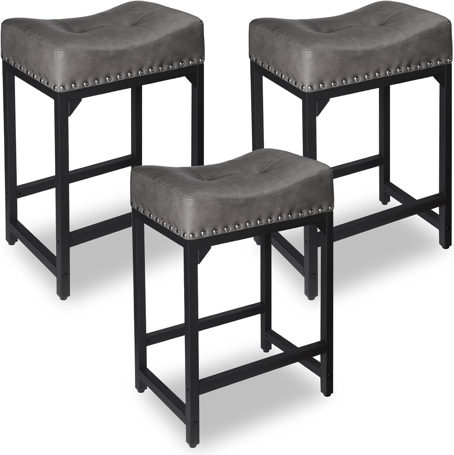 Counter Height Bar Stools Set of 3, Stools for Kitchen Island Set of 3, 24 Inch Counter Stool Saddle Backless Barstools for Kitchen Counter -Grey