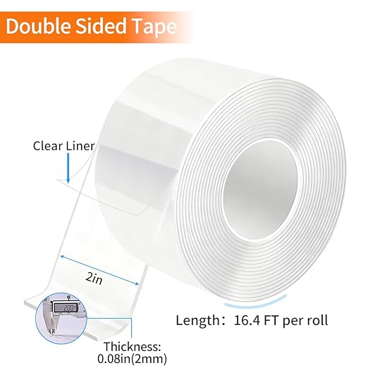 Double Sided Tape Heavy Duty Removable Nano Tape for Walls, Used for Carpet, Poster, Picture Hanging, Outdoor Multifunctional Mounting Tape (Clear, 2In x 16.5FT 1Pack)
