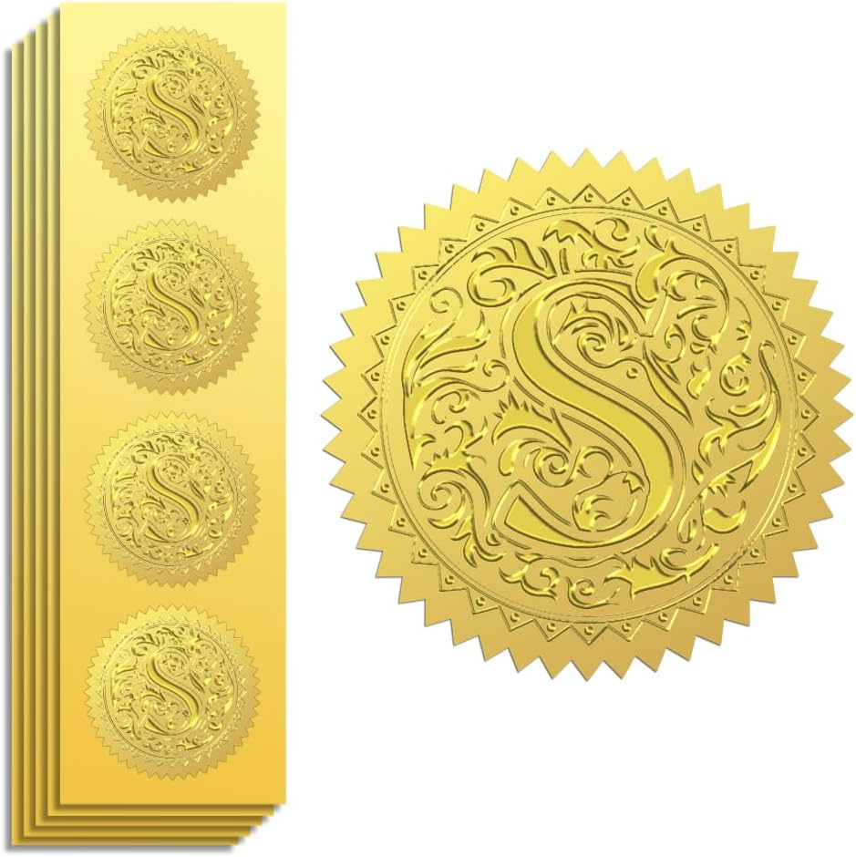 Peacoblue Gold Foil Stickers Seals Embossed 2 Inch 100Pcs Letter S, Self Adhesive Gold Around Embossing Stickers for Envelope Seals, Gift Decor, Certificate Paper, Birthday Party Invitation