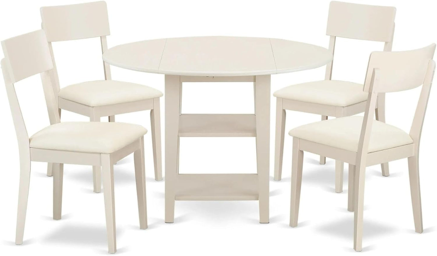 East West Furniture SUAD5-LWH-LC 5 Piece Dining Room Furniture Set Includes a Round Kitchen Table with Dropleaf & Shelves and 4 Faux Leather Upholstered Chairs, 42x42 Inch, Linen White