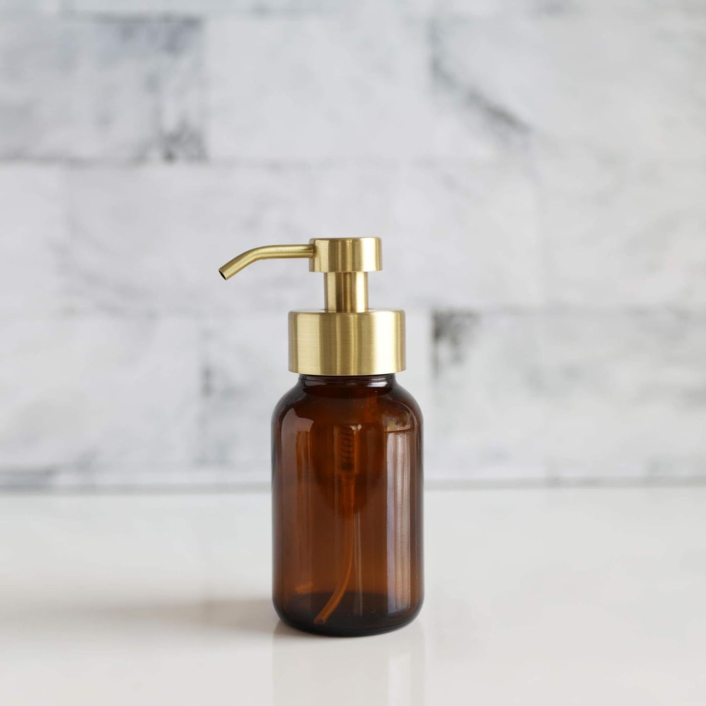 Rail19 Amber Glass Apothecary Foaming Soap Dispenser with Metal Pump - for Kitchen and Bathroom Countertop, 8.5oz (Gold)