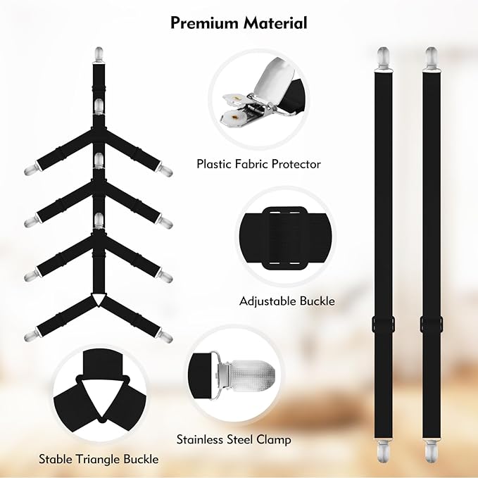 Bed Sheet Holder Straps, 2 Pcs Adjustable Mattress Sheet Clips, Bed Sheet Fasteners Elastic Sheet Suspenders to Keep Bed Sheet in Place for Different Beds (X-Black)