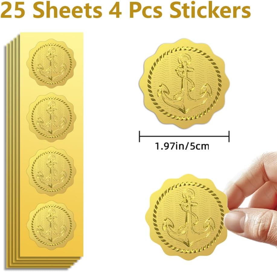 Peacoblue Gold Foil Stickers Seals Embossed 2 Inch 100Pcs Anchor, Self Adhesive Gold Embossing Stickers for Envelope Seals, Gift Card and Present Decoration
