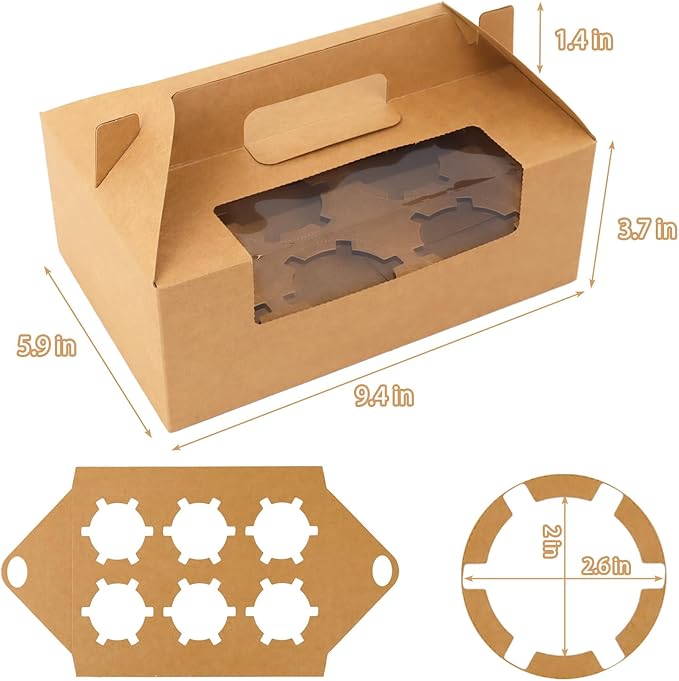 FORBFAN 50 Pcs Cupcake Boxes 6 Count with Handle, Kraft Portable Muffin Boxes, Gable Party Favor Treat Boxes for Wedding Birthday Party