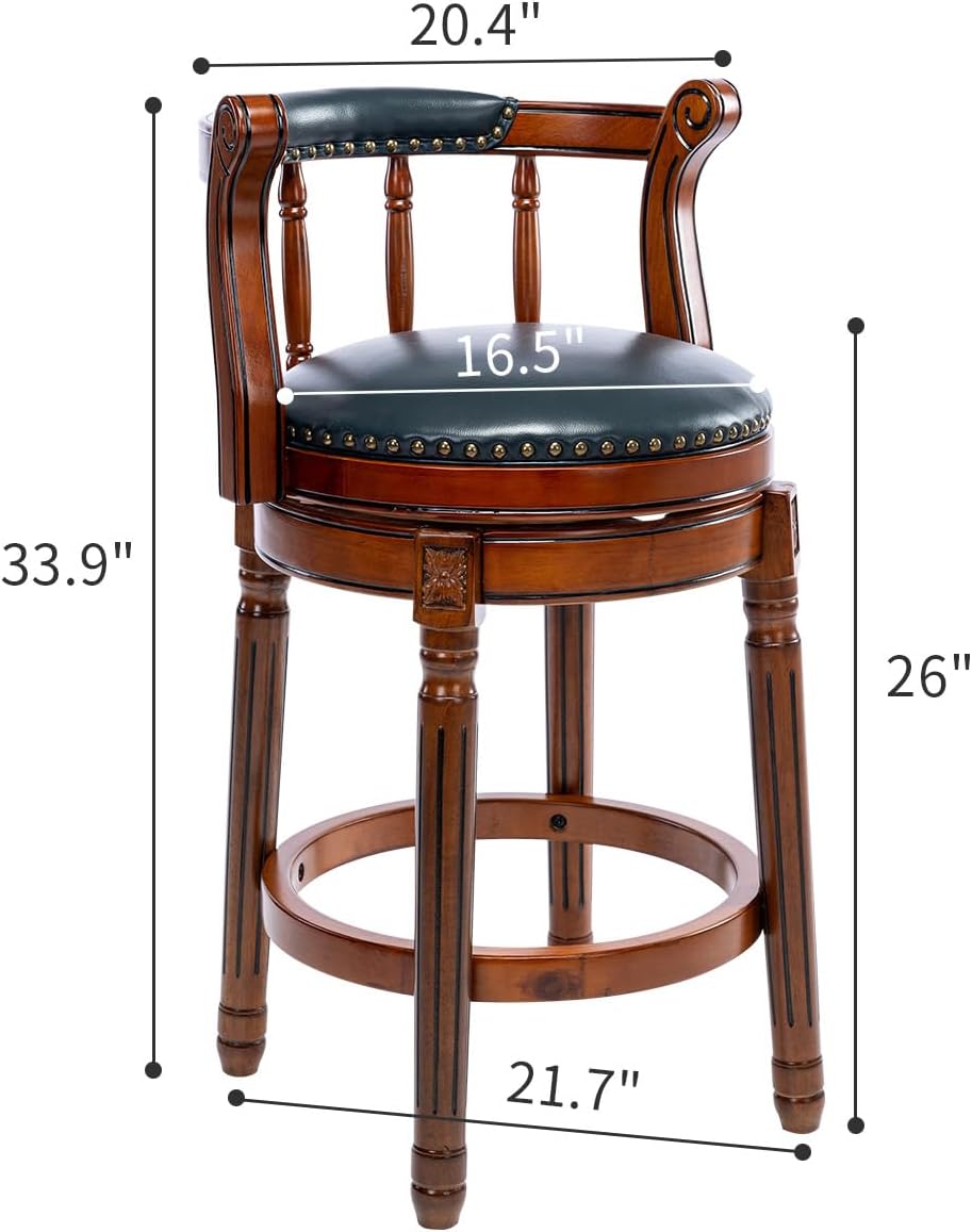 Cow top Leather Wooden Bar Stools, 360 Degree Swivel Bar Height Chair with Backs for Home Kitchen Counter, Morden Chair Barstools (Dark Blue 2pcs, Counter Height-Seat Height 26”)