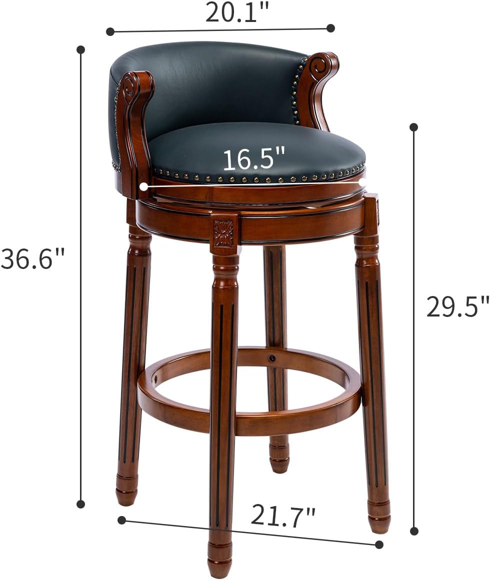 Cow top Leather Wooden Bar Stools, 29.5" Bar Height Bar Chair with Back, 180 Degrees Swivel Barstools Chair for Home Kitchen Counter,Dining Room, Restaurant,Study and Pub,1pc (Dark Blue)