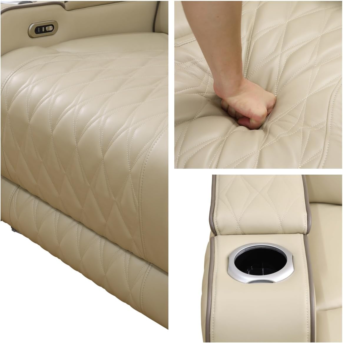 Recliner Chair, Leather Recliner Home Theater Seating, Electric Reclining Chair with USB Ports and Cup Holders, Breathing Chair with Hidden Arm Storage, Ambient Lighting, Beige