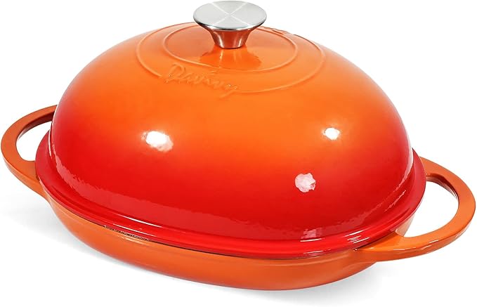 Davivy 6QT Oval Bread Oven with Domed Lid, Enameled Oval Dutch Oven Pot for Sourdough Bread Baking 6QT, Non-stick Cast Iron Sourdough Pan Bread Cloche with Lid - Flame Orange