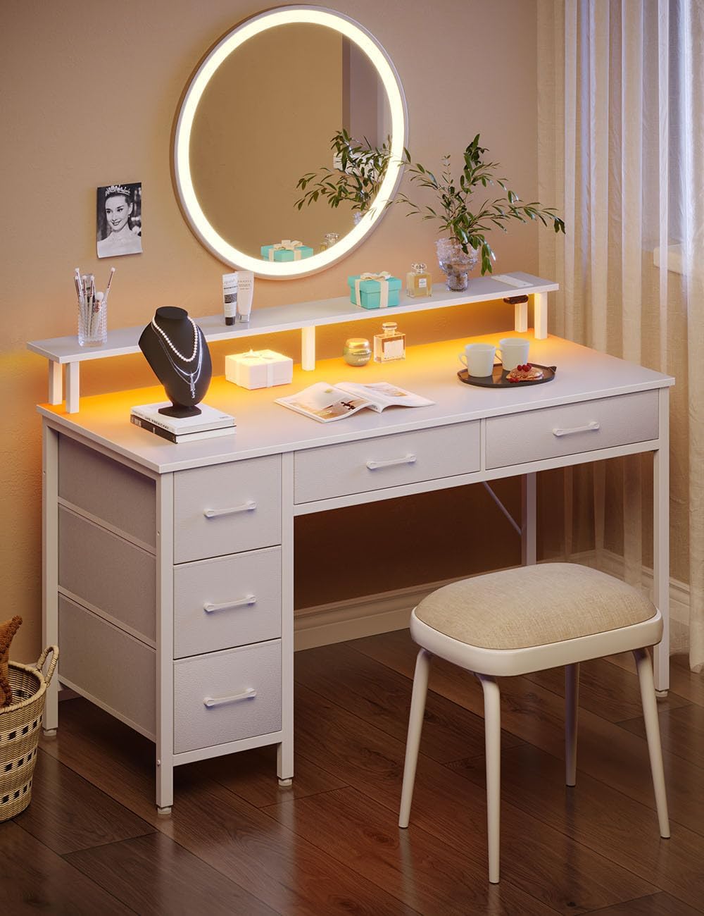 Seventable Computer Desk with Power Outlets & LED Light, 55 inch Home Office Desk with 5 Drawers, Writing Desk with Monitor Stand, Work Desk for Home Office, White