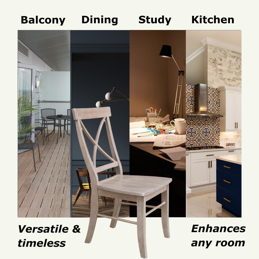 X-Back Dining Chairs Set of 2 Washed Gray Taupe Solid Wood Parawood Construction, Stylish and Comfortable Chairs for Kitchen/Dining, 18.9"W x 22.2"D x 36.9"H, 225 lb Weight Capacity