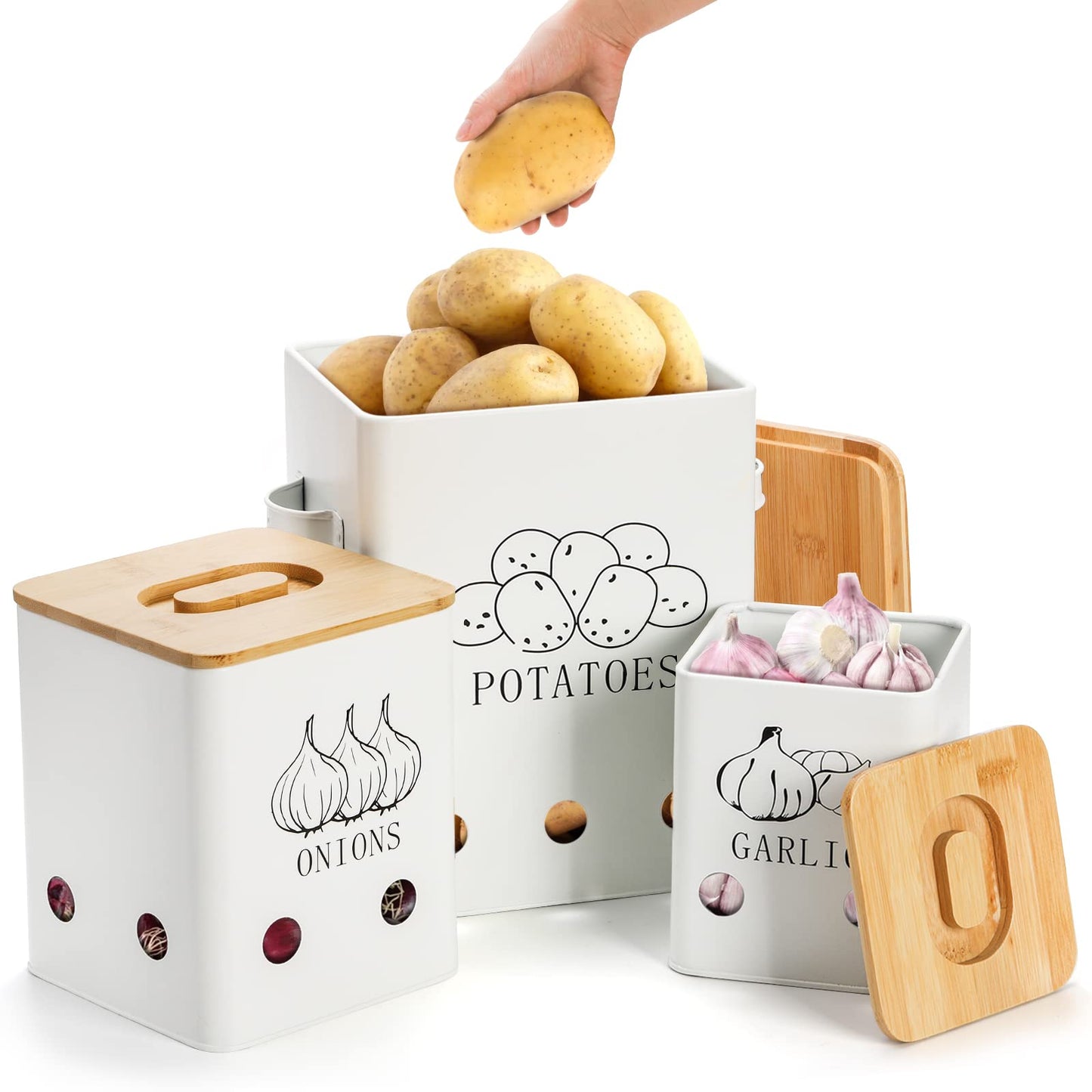 WUWEOT 3 Pack Vegetable Storage Tins, Metal Onion Garlic Potato Jars Set, Kitchen Canisters Vegetable Keeper Containers with Aerating Holes and Wooden Lid