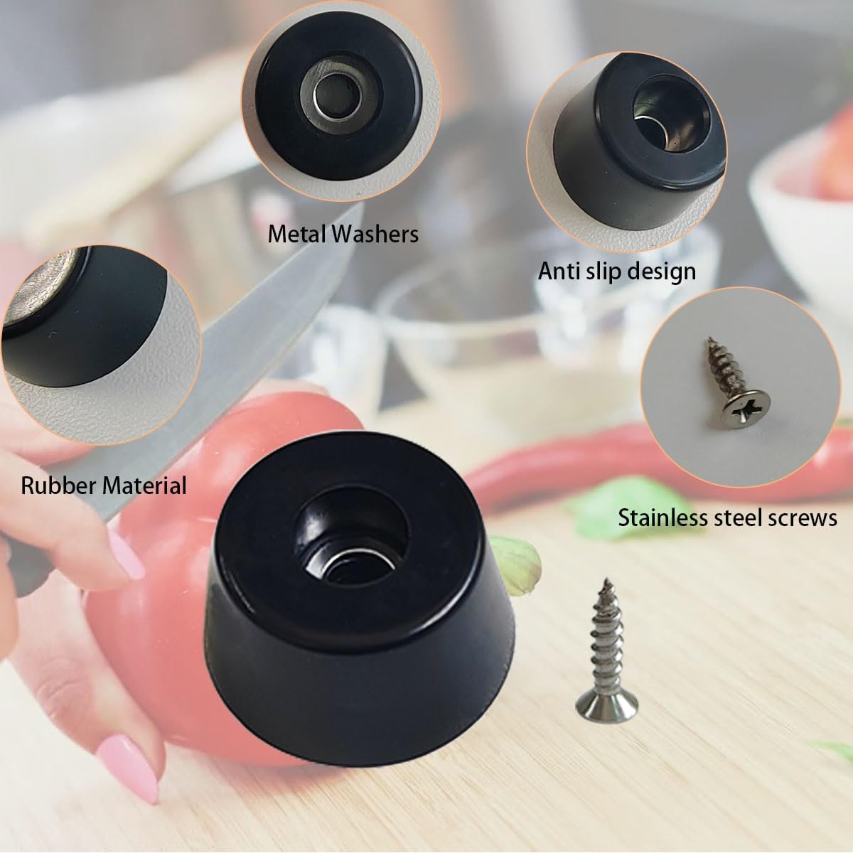 20 PCS Black Rubber Feet with Stainless Screws, Non Slip Rubber Bumper for Cutting Board (0.51" H x 1" D)