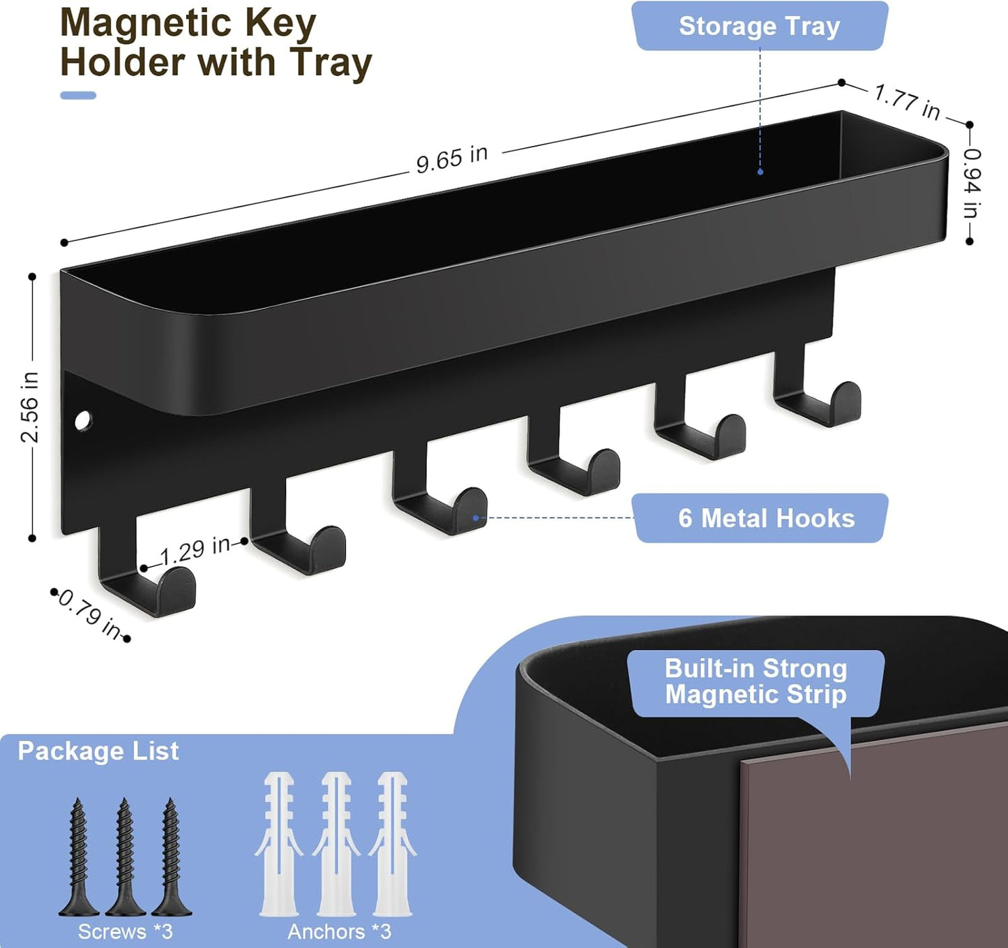 RELBRO Magnetic Key Holder for Fridge, Metal Wall Mount Key Rack with Shelf, 6 Hooks, 2 Installation Options, Black