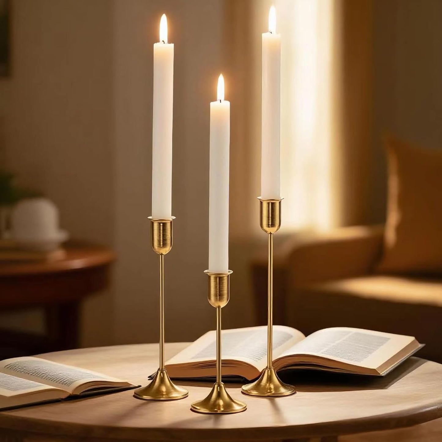 6 Pcs Brass Gold Candle Holders Set, Candelabra Tall Candle Stand, Metal Taper Candlestick Holders for Dining, Table Centerpieces & Vintage Home Decor– Housewarming Gift, Mantel Decor
