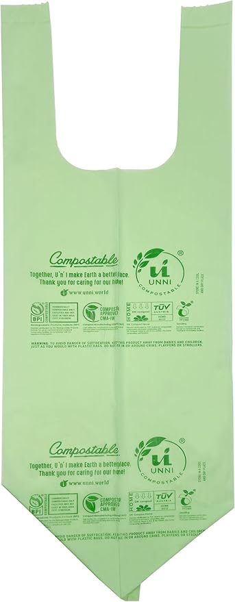 UNNI Compostable T-Shirt Bags with Tie Handles, 3 Gallon / 11.35 Liter, 100 Count, 0.68 mil Small Kitchen Caddy Liners, Certified by BPI, CMA & OK compost HOME, Meets ASTM D6400