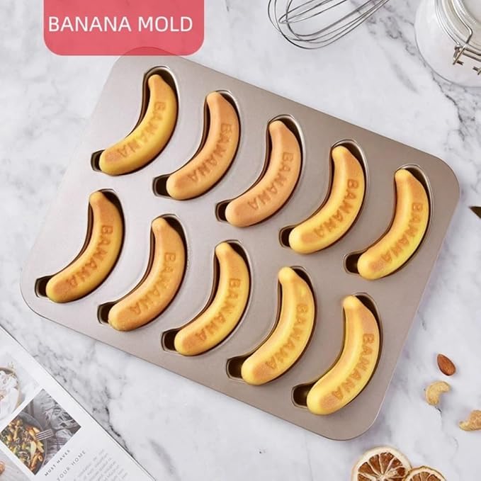 10 Cavity Banana Shape Cake Pan, Carbon Steel Banana Baking Pan Non-Stick Banana Cake Mold Set Funny Fruit Shape Baking Mold Dessert DIY Decoration for Kitchen and Bakery