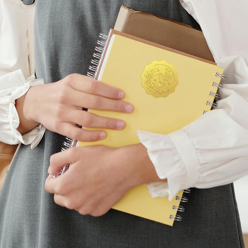 Peacoblue Gold Foil Sticker Seal Embossed 2 Inch 100Pcs Hummingbird and Wreath, Self Adhesive Gold Around Embossing Sticker for Invitation Certificate Envelope Seal Gift Card Decoration
