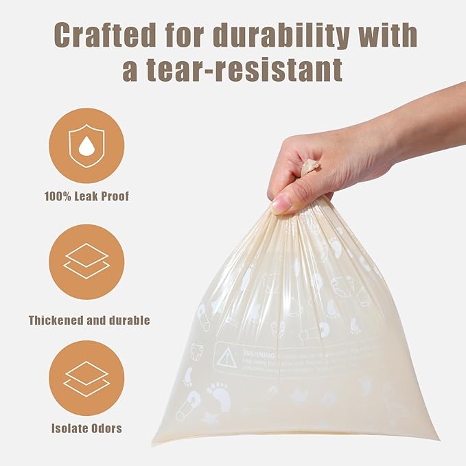 Diaper Bags Disposable for Baby, Biodegradeable Dirty Diaper Bags (8 Refill Rolls/120 Bags) with Dispenser | Leak Proof Diaper Trash Bags | Baby Poop Bags | Fresh Powder Scent