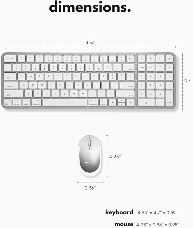 Macally Bluetooth Mac Keyboard and Mouse (Compact, Multi Device, Rechargeable) - Wireless Apple Keyboard and Mouse Combo - for Mac mini/Studio, MacBook Pro/Air, iMac, iPad, iPhone - Silver
