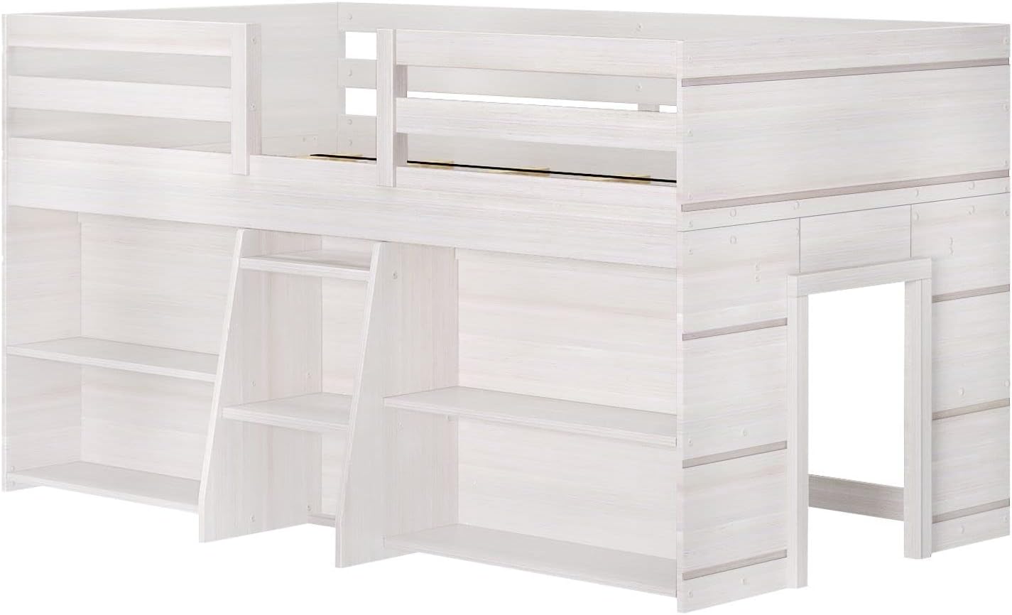 Max & Lily Modern Farmhouse Low Loft Bed, Twin Bed Frame for Kids with 2 Bookcases, White Wash