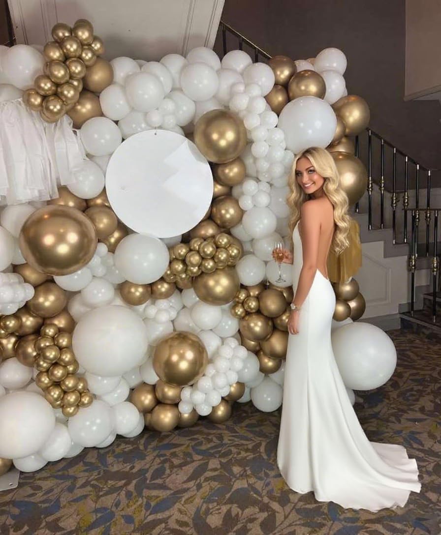 PTGOLUO White and Gold Balloon Arch Garland Kit 153pcs with Star, 22 18 12 10 5in Different Size White Metallic Gold Confetti Latex Balloons for Birthday Anniversary Wedding Baby Shower Decoration