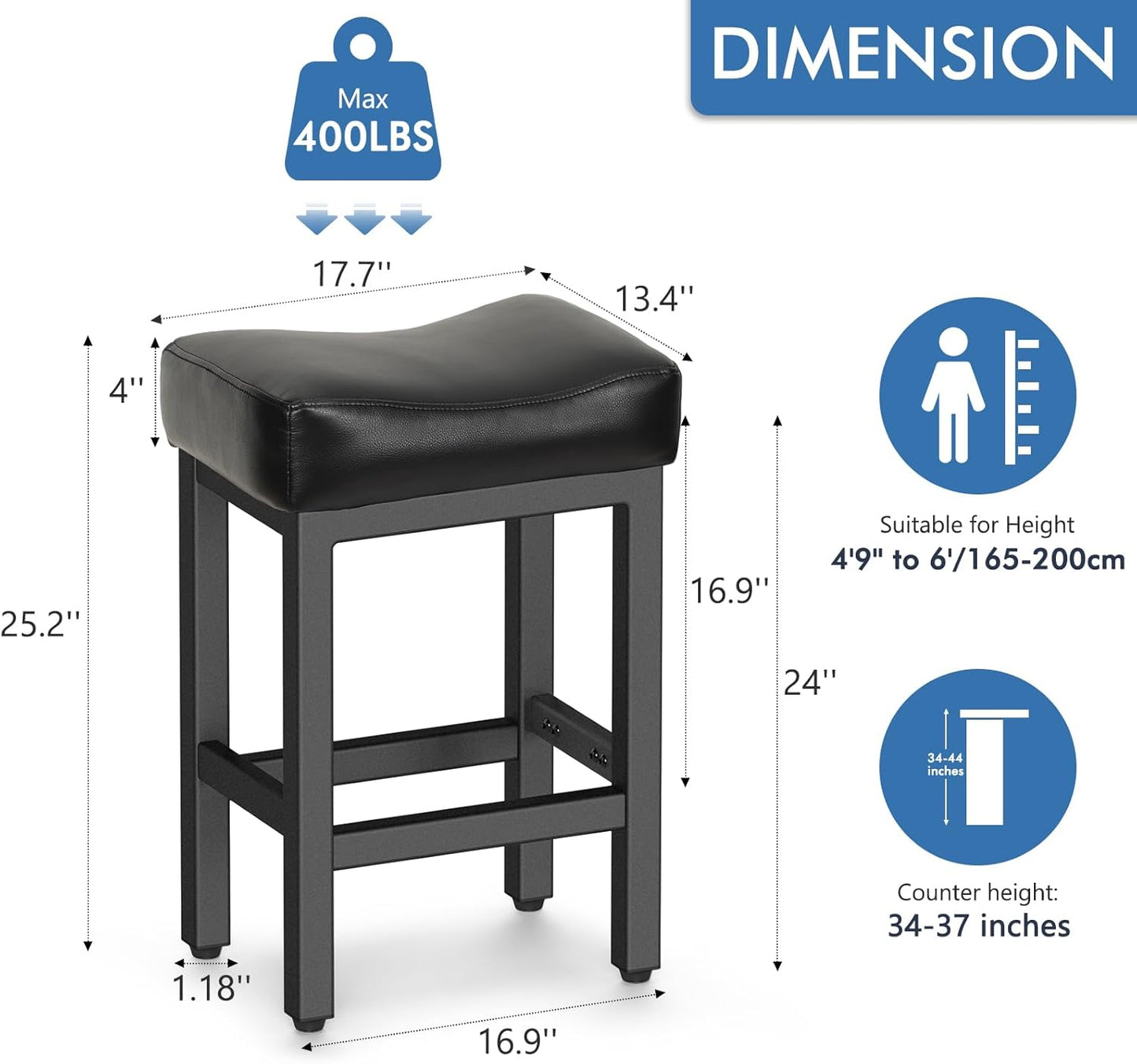 Counter Height Bar Stools Set of 3, 24 Inch Barstools for Kitchen Island Counter, Bonded Leather Kitchen Stools with Saddle Seats & Metal Base, Easy Assembly, Black