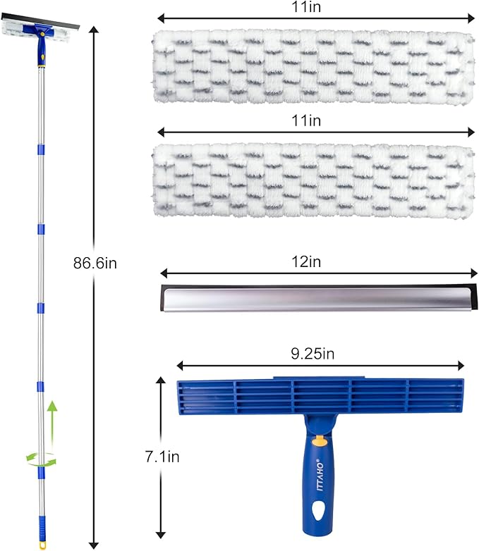 ITTAHO 81" Window Squeegee Cleaner, 2 in 1 Window Cleaning Tool Kit,Shower Squeegee with Extension Pole, Glass Cleaning Tools for Shower Glass, Indoor/Outdoor High Window Cleaning-Two Pads