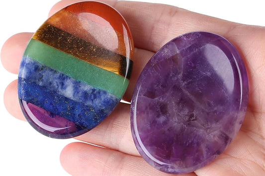 QINJIEJIE Thumb Worry Stones for Anxiety Amethyst Chakra Crystals Healing Stones Oval Palm Pocket Worry Stone Reiki Meditation Crystal Anxiety Gift Stocking Stuffers for Women 2PCS