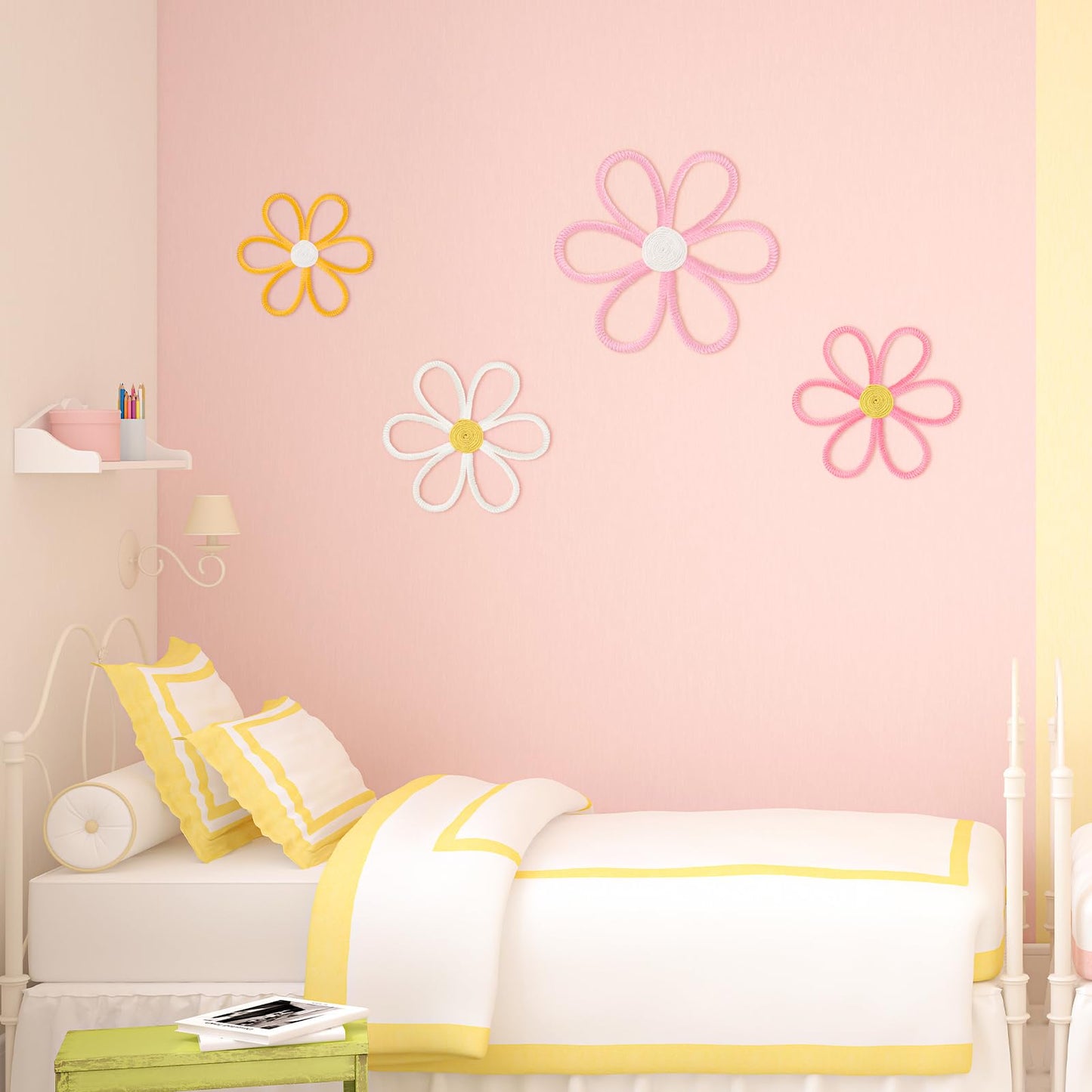 Ganeen Boho Nursery Woven Daisy Flowers Daisy Wall Decor Nursery Decor Macrame Wall Hanging Supply for Girl Bohemian Art Home Bedroom Room Flowers Set of 4(6 Petals)