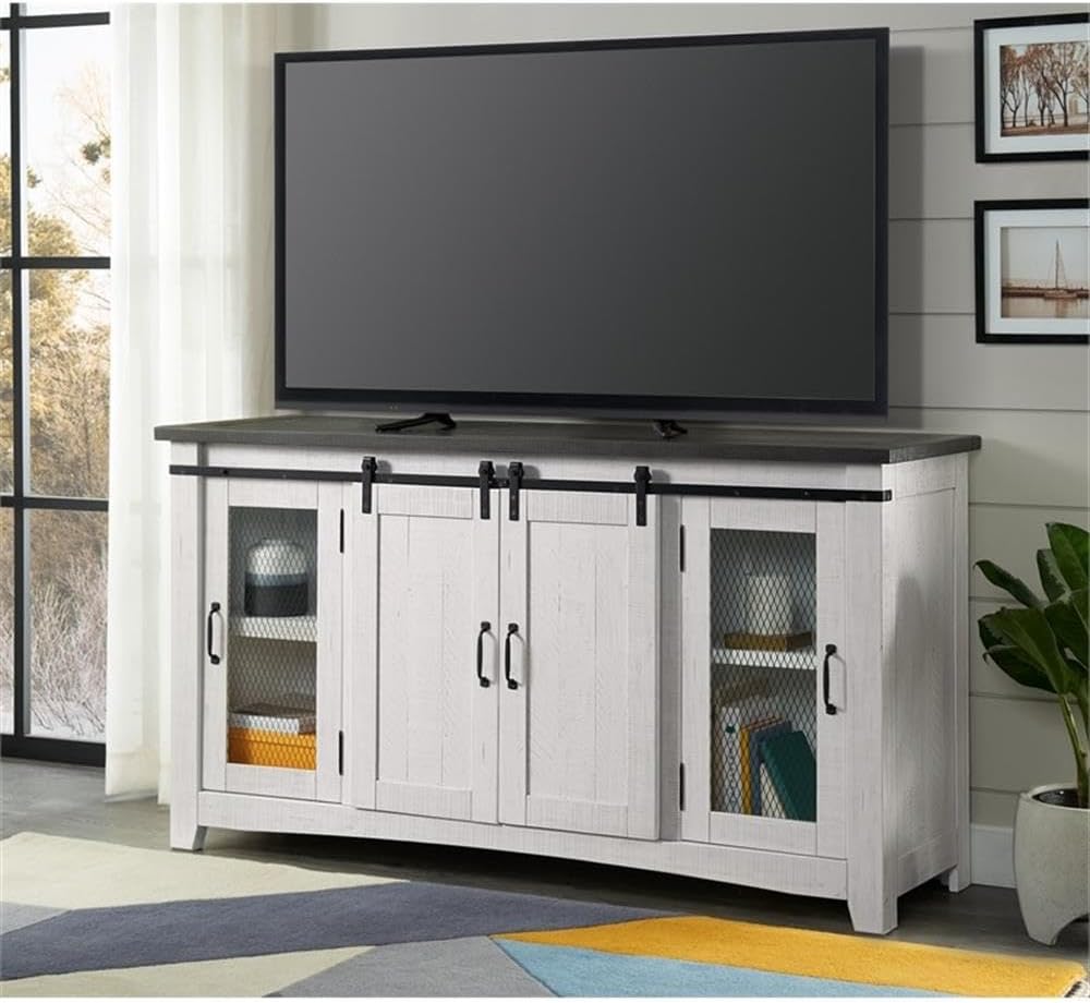 Martin Svensson Home Rustic 65” Solid Wood TV Stand with Storage, White Stain with Grey Stain Top