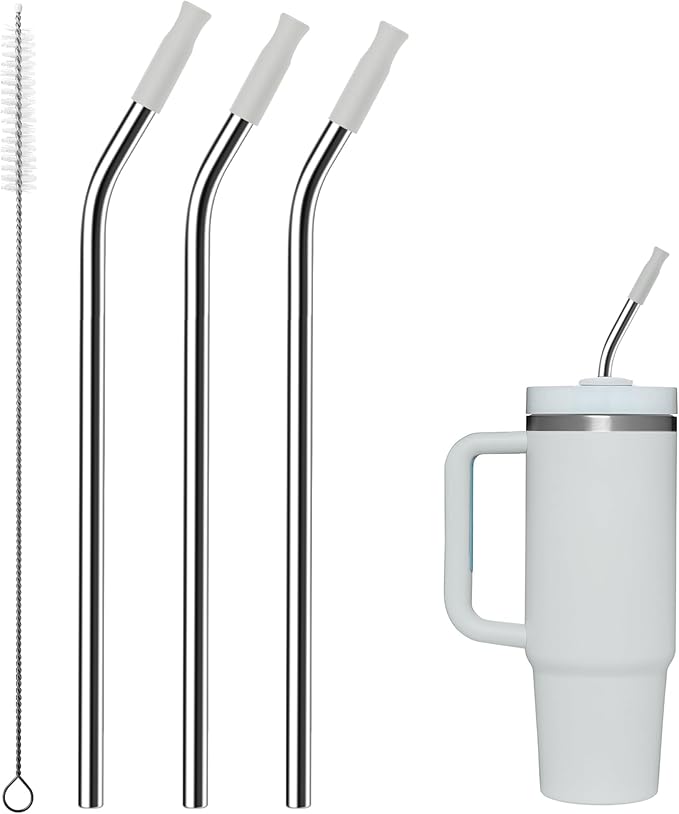 Reusable Stainless Steel Straws with Silicone Tip for Stanley 30oz, Metal Drinking Straws for 30oz Tumbler,3 Bent Tubes & 6 Tips& 1 Cleanr Brush (Ash)