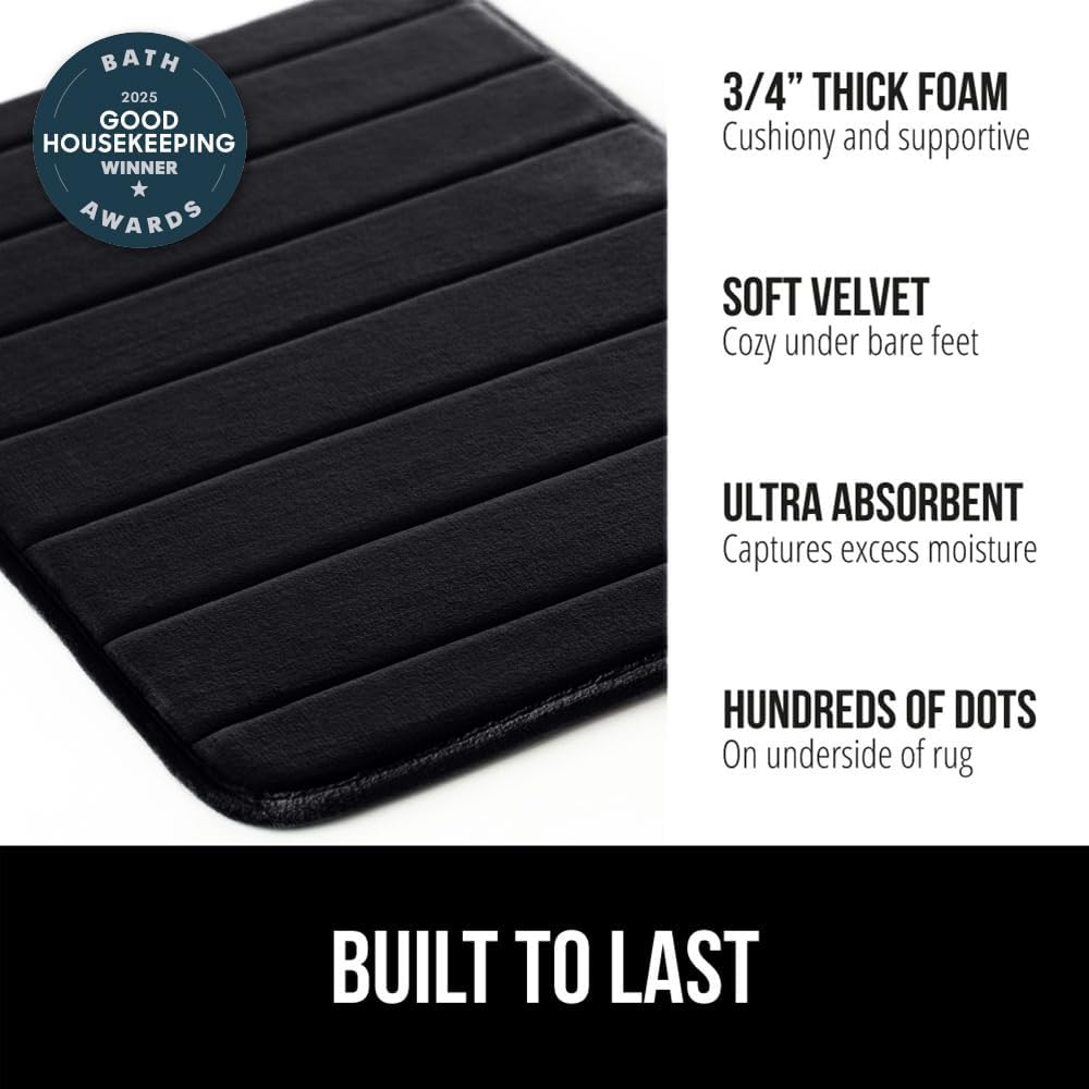 GORILLA GRIP Memory Foam Bath Mat, Soft Absorbent US Designed Bathroom Rug, Gripping Dots Machine Washable Bathmat, Cushioned Floor Mats, Shower Sink Rugs Room Décor Accessories, 60x24 Black