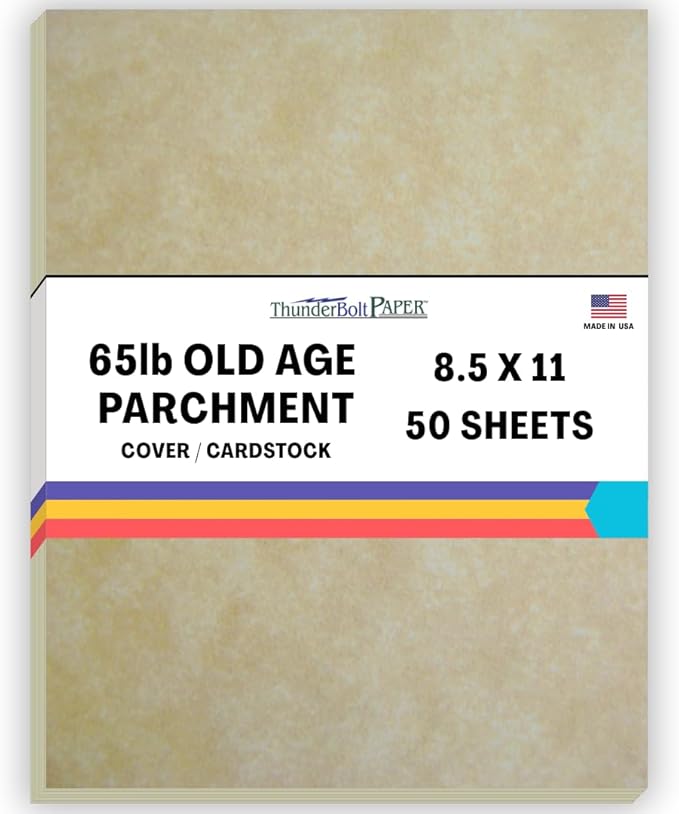 50 Old Age Parchment 65lb Cover Paper Sheets Cardstock Weight Colored Sheets 8.5X11 Inches Standard Letter Size - Printable Parchment
