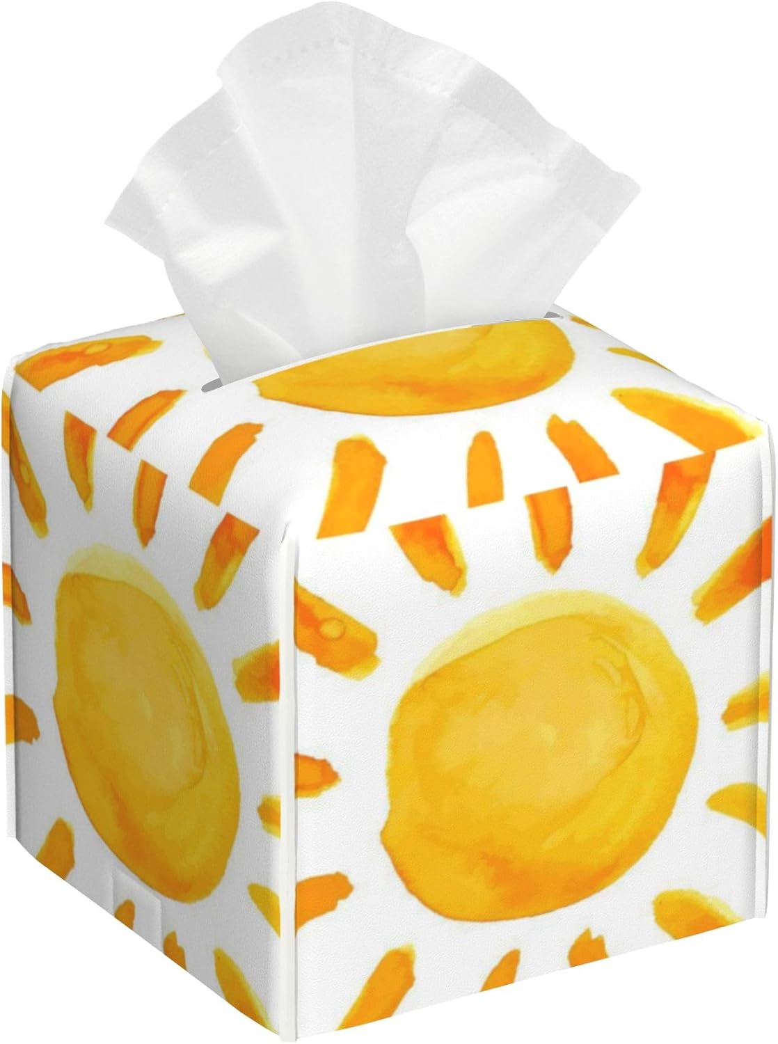 Watercolor Sun Tissue Box Cover Square,Sunlights Leather Tissue Holder,Waterproof Leather Facial Paper Organizer Tissue Box Cover for Home Office Bathroom Vanity Countertop,5.2" x 5.2" x 5.2"