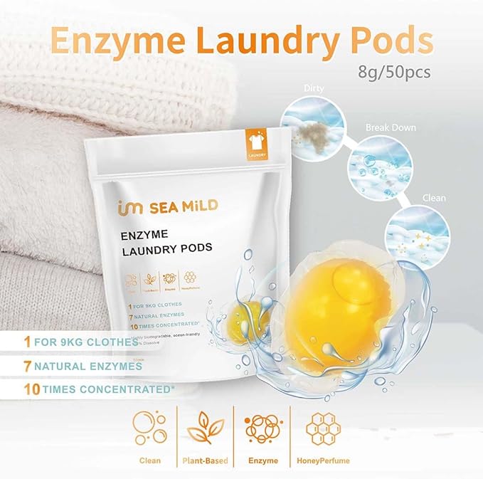 Laundry Detergent Pods for Sensitive Skin – 7 Enzymes Deep Stain Removal, Plant-Based, Chemical-Free, Eco-Friendly Water-Soluble Wrap, Hypoallergenic, 50 Count