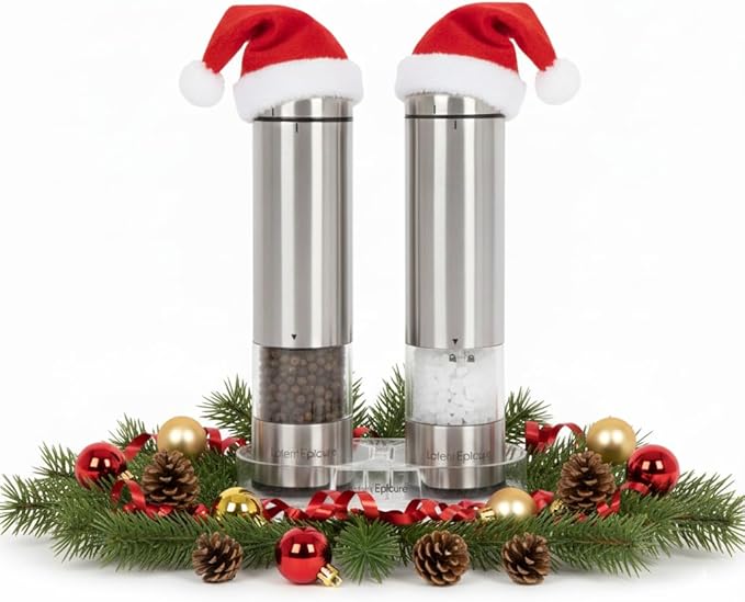 Electric Salt & Pepper Grinder Set – Battery Operated Stainless-Steel Mills & Shakers with Light, Adjustable Ceramic Grinders & Acrylic Rest Tray