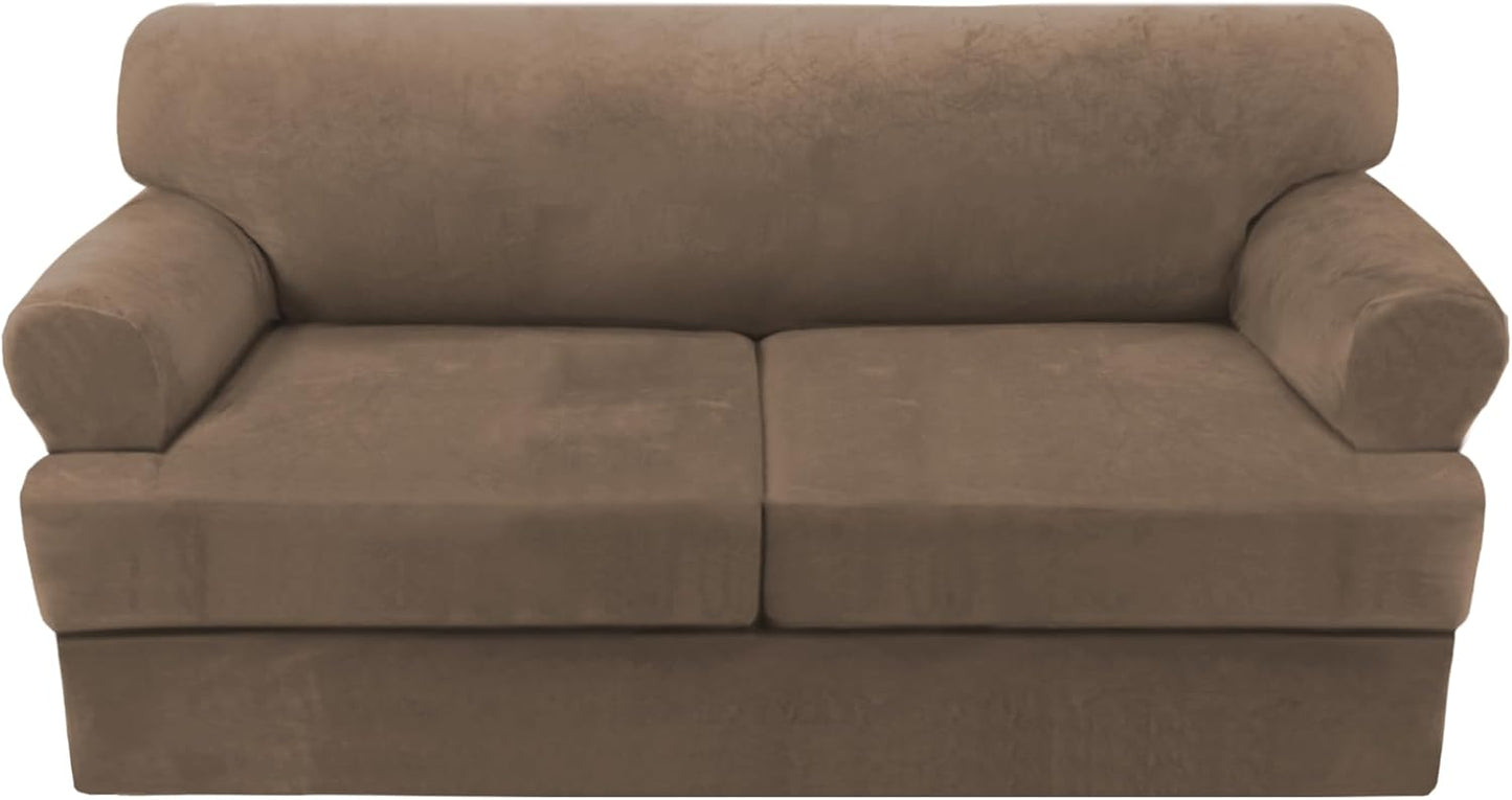 H.VERSAILTEX Sofa Cover 3 Piece T Cushion Sofa Slipcovers Thick Velvet Couch Cover Stretch T Cushion Sofa Covers for 2 Cushion Couch with 2 Individual T Cushion Covers, Mocha