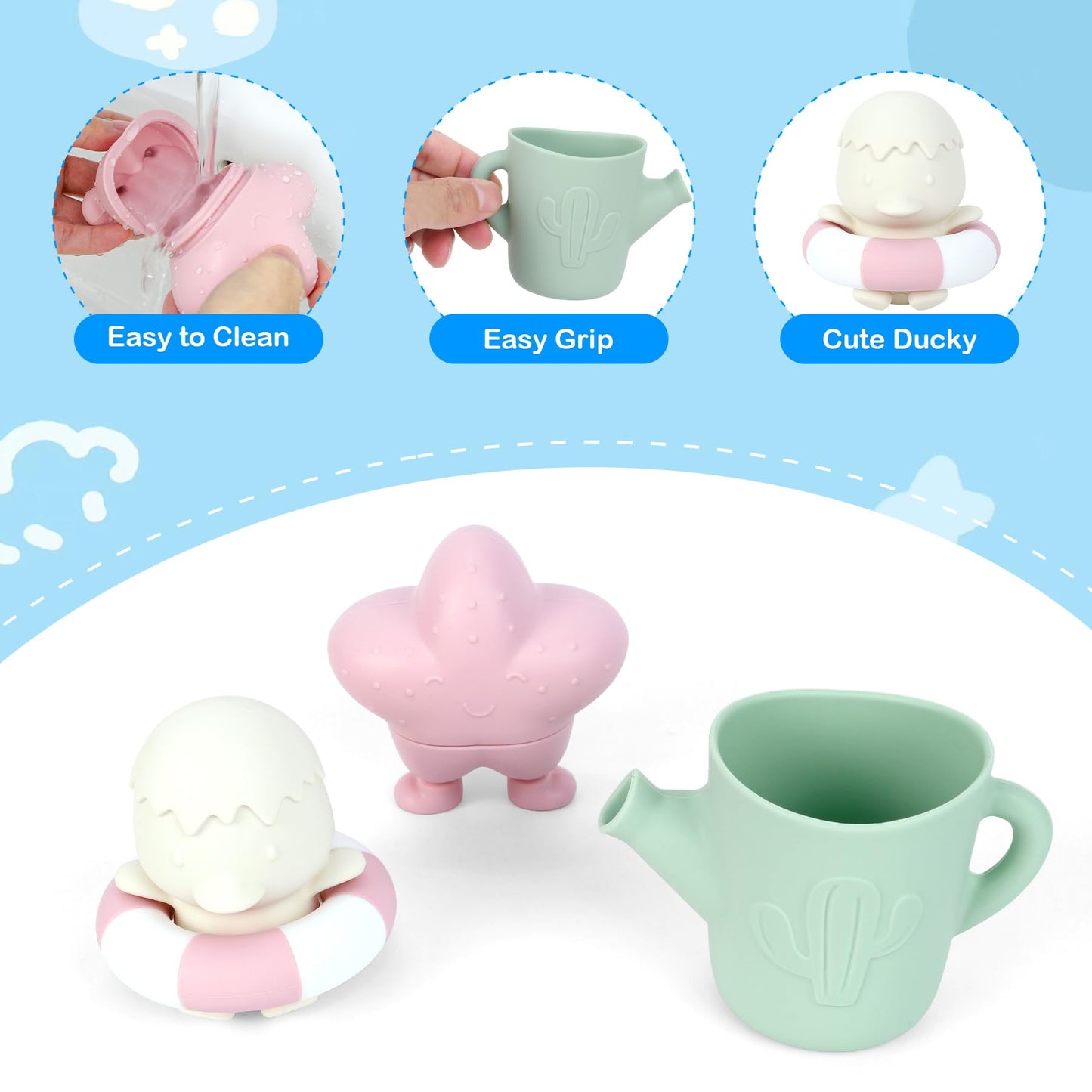 MCGMITT Baby Bath Toys for Kids Ages 1-3, 12 PCS Silicone Mold Free Bathtub Toys for 6-12 Months, Soft Stacking Cups & No Hole Duck & Floating Boats, Beach Sand Water Table Pool Toys for Toddlers