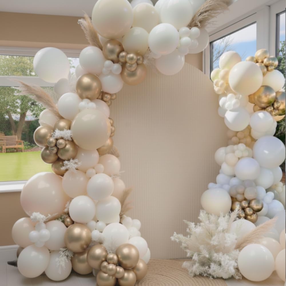 ADOINBY Sand White Gold Balloon Arch Kit, 140Pcs Beige Nude White Balloon with Metallic Gold Balloon Garland Kit for Boho Birthday Wedding Baby Shower Bridal Shower Engagement Prom Party Decorations