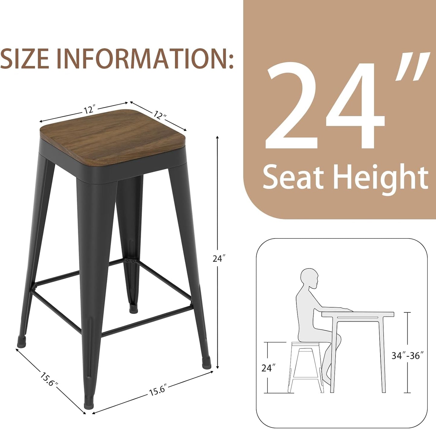24 inch Backless Bar Stools Set of 4, Indoor Metal Bar Stools with Wood Seat, Industrial Counter Height Barstools for Kitchen Island, Black