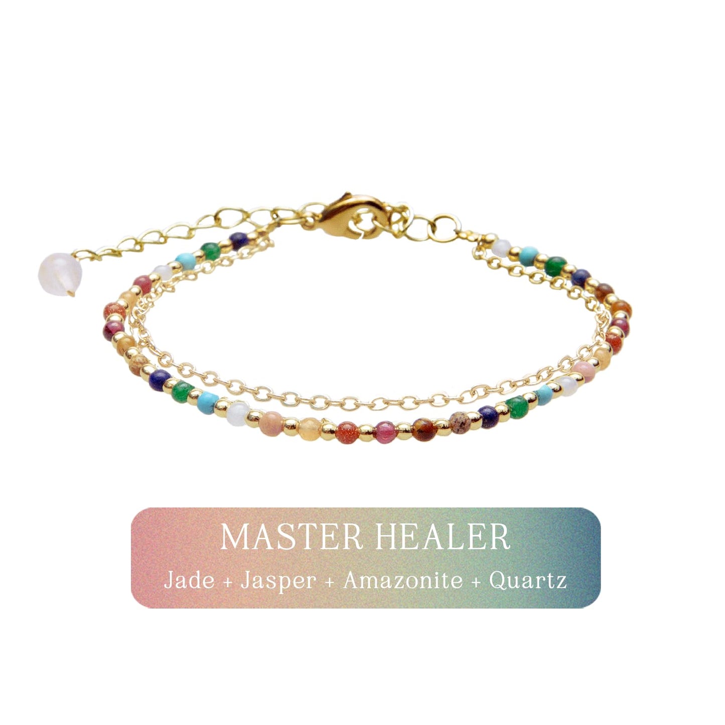 Lotus and Luna 2MM Master Healer Energy Chakra Healing Dainty Layered Bracelet with Real Stones Jade, Pearl, Rose Quartz, Amethyst, Moonstone (Master Healer Yellow Gold)